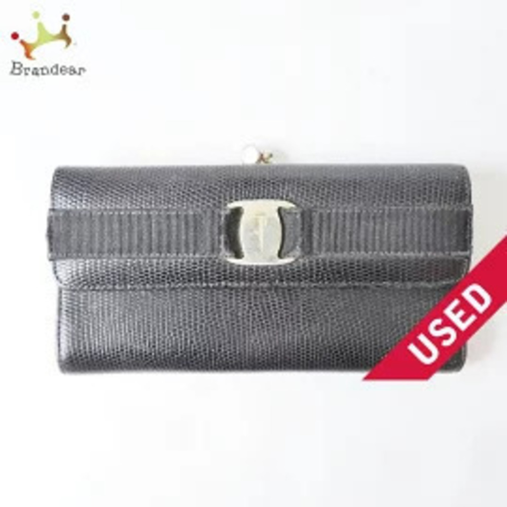 Salvatore Ferragamo Vara Long Wallet Black x Gold Lizard Leather
